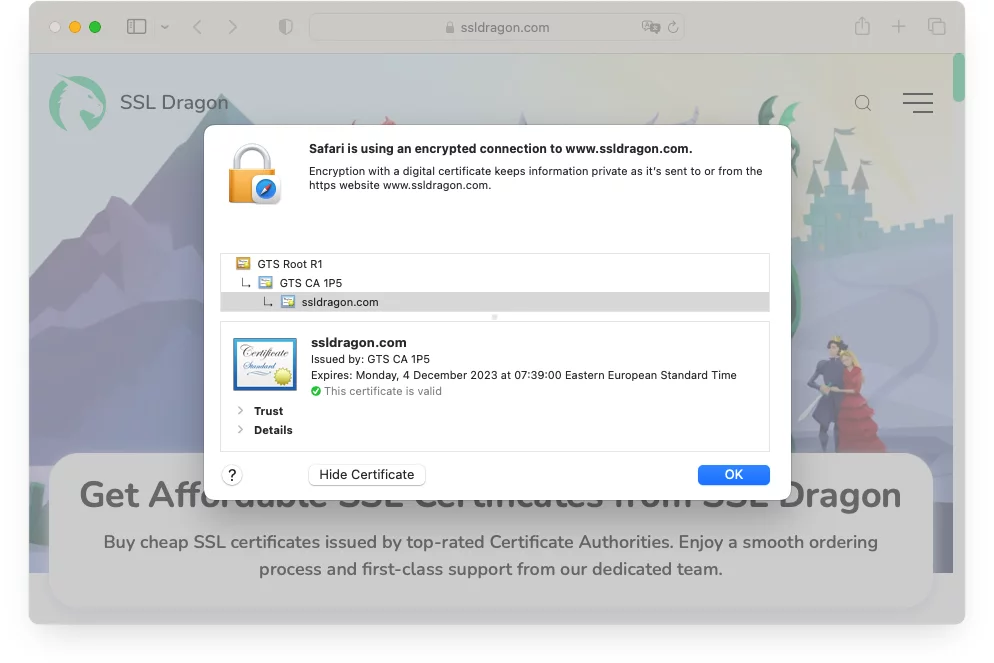 Detalii despre certificatul SSL în Safari