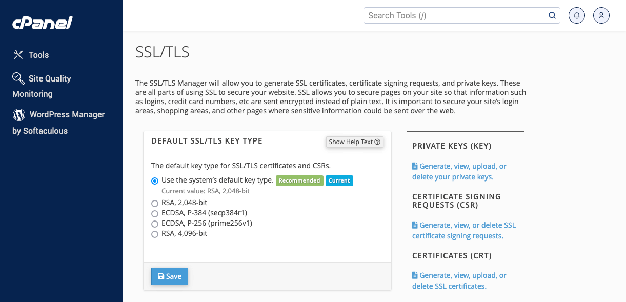 cPanel Certificate (CRT) Section