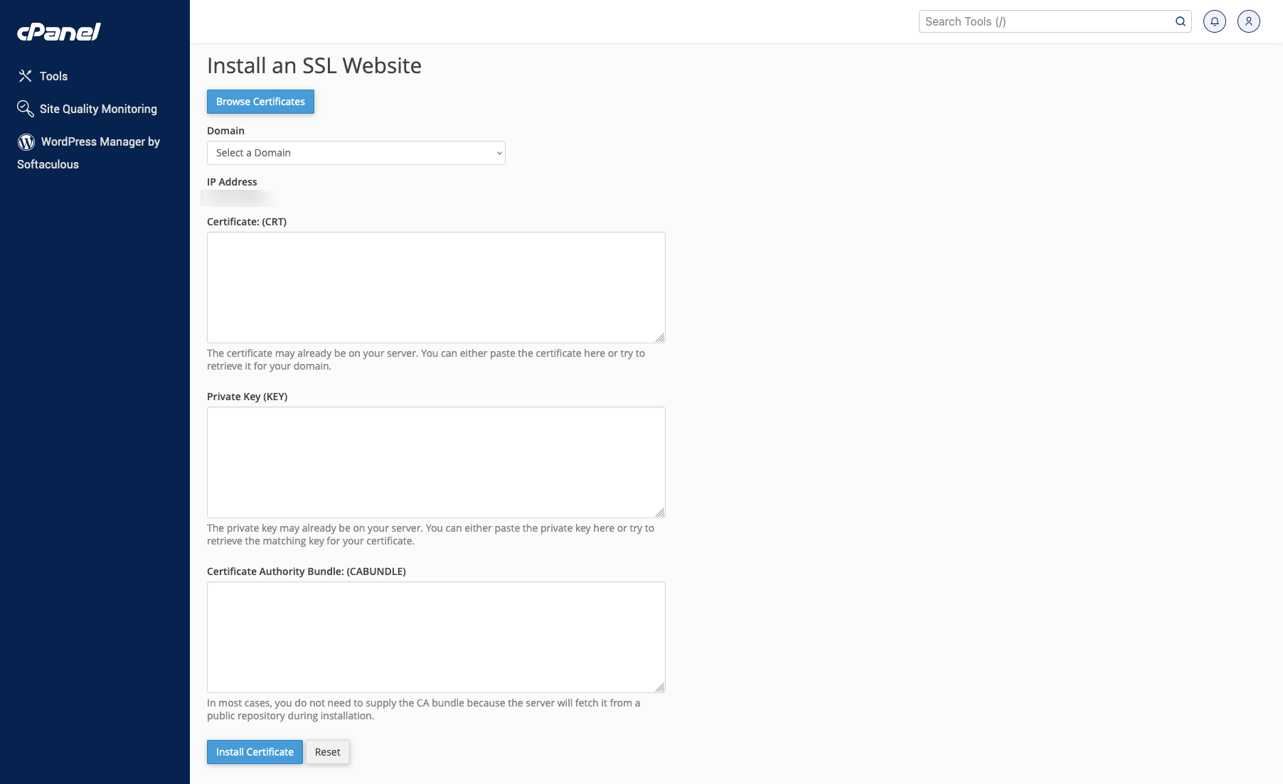 cPanel - install the certificate