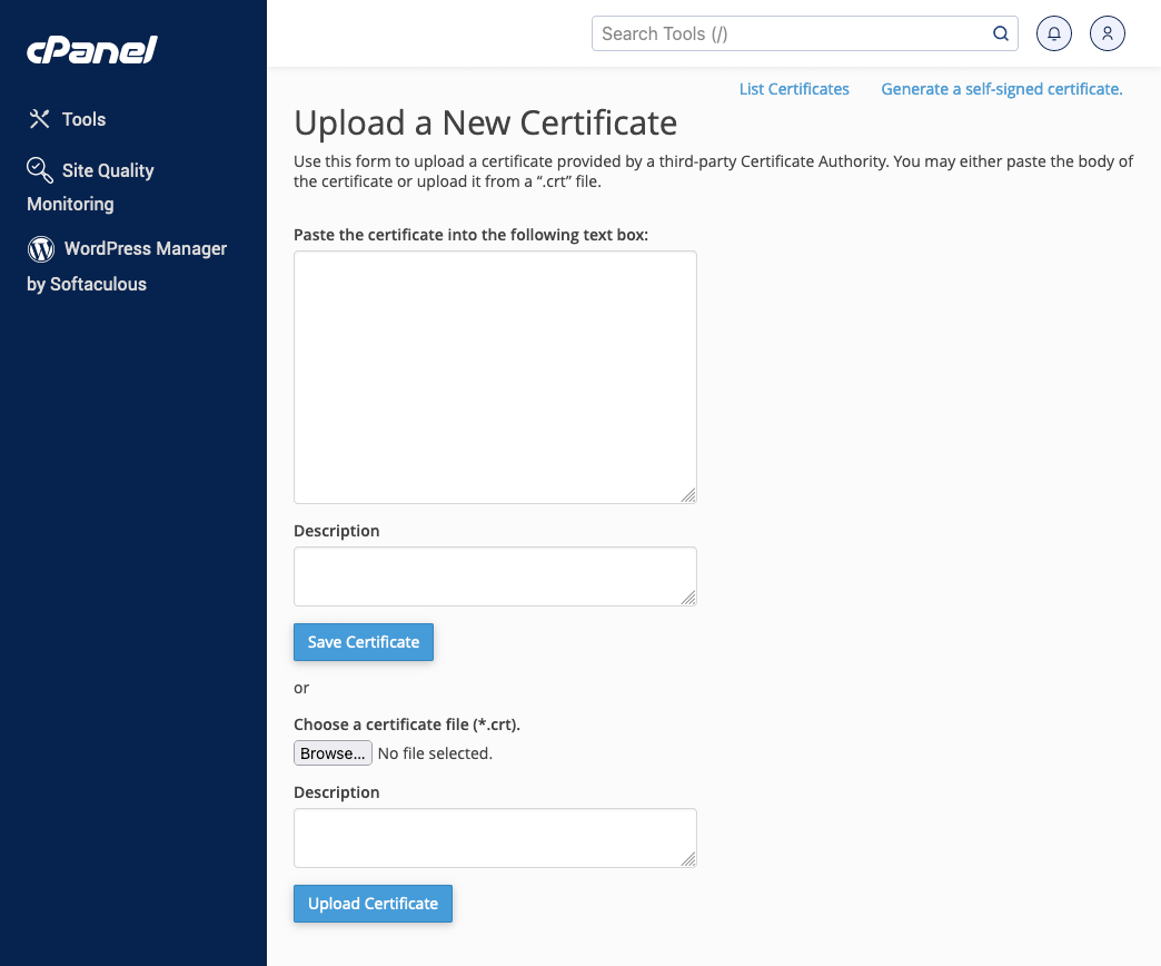 cPanel - Upload the certificate
