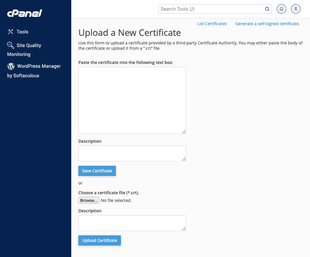 cPanel - Hochladen des Zertifikats