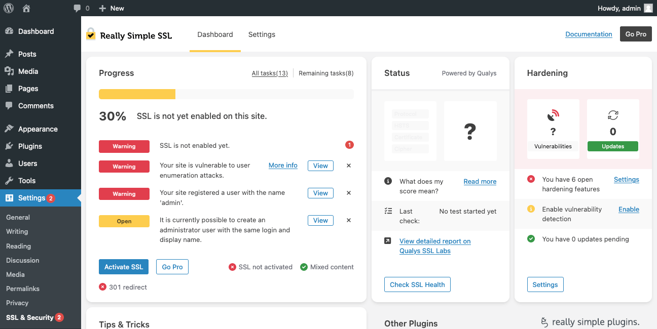 WordPress Really Simple SSL Plugin settings