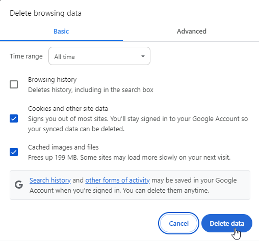 Google Chrome settings screen for clearing browsing data, cache, and cookies