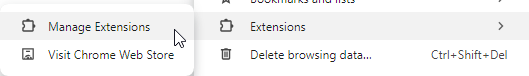 Google Chrome extensions page with an option to disable or remove extensions