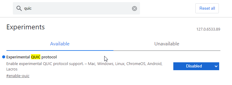 Google Chrome experimental settings page showing the QUIC protocol disabled