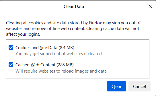 Firefox Clear Data window open