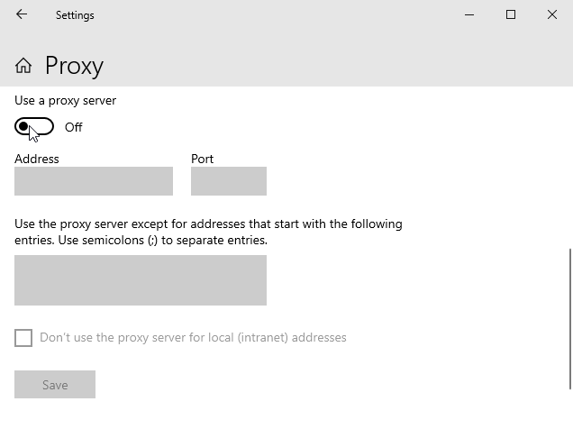 Windows network settings with 'Automatically detect settings' toggled off