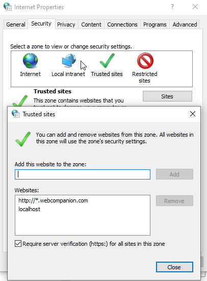 Google Chrome security settings showing the 'Trusted Sites' configuration options