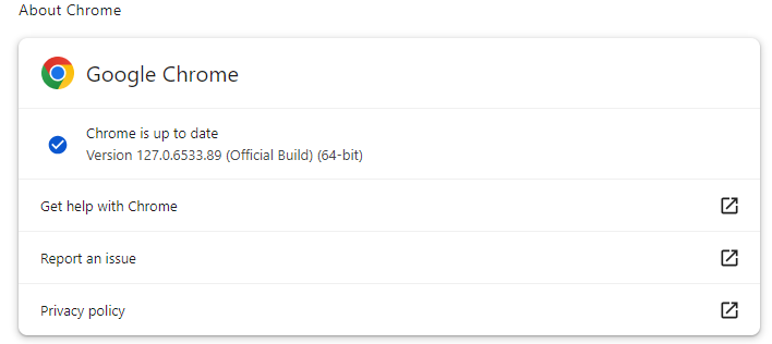 Google Chrome update settings screen displaying available updates and version details