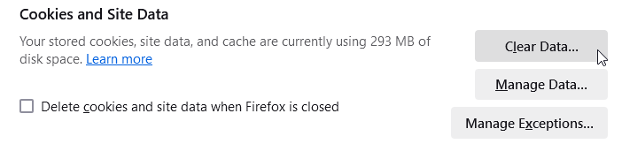 Firefox Clear Data window open.
