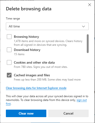 Edge settings with Clear browsing data options.