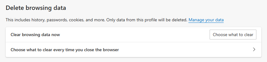 Edge Clear browsing data settings.