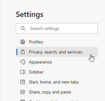 Edge privacy settings page.