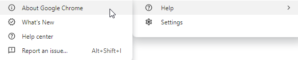 Google Chromes Help menu showing the About Chrome option for checking browser version