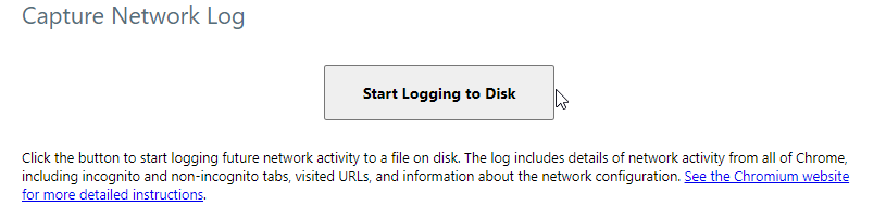 Chromes developer tools network tab showing 'Logging to disk' settings option