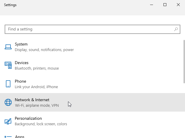 Windows network settings page displaying options for Wi-Fi, Ethernet, and other network settings