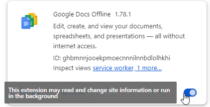 Google Chrome extensions settings with a toggle switch to disable an extension