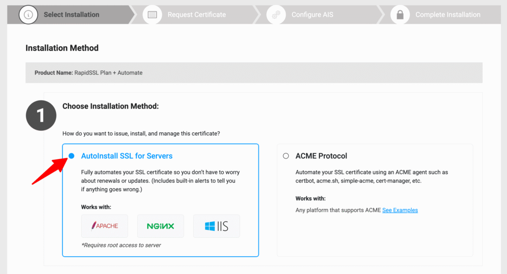 Choose Installation Method screen with AutoInstall SSL for Servers selected