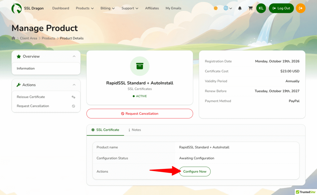 SSL Dragon Client Area showing Configuration Status Awaiting Configuration and the Configure Now button