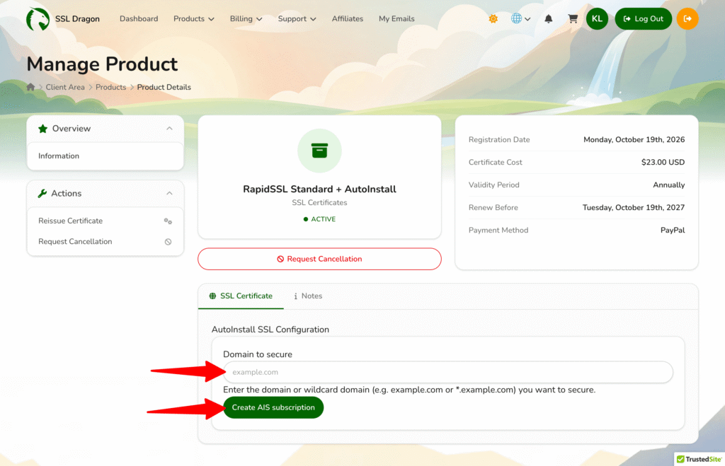AutoInstall SSL Configuration form with the Domain to secure field and the Create AIS subscription button