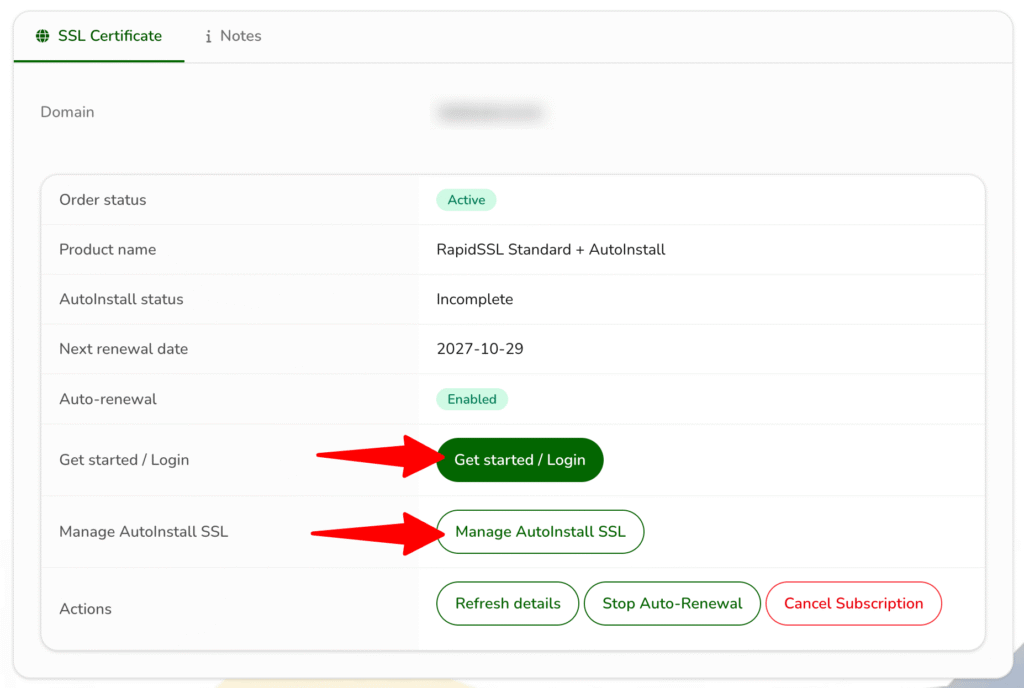 SSL Certificate tab after configuration with AutoInstall status, Auto-renewal and the Get started / Login button