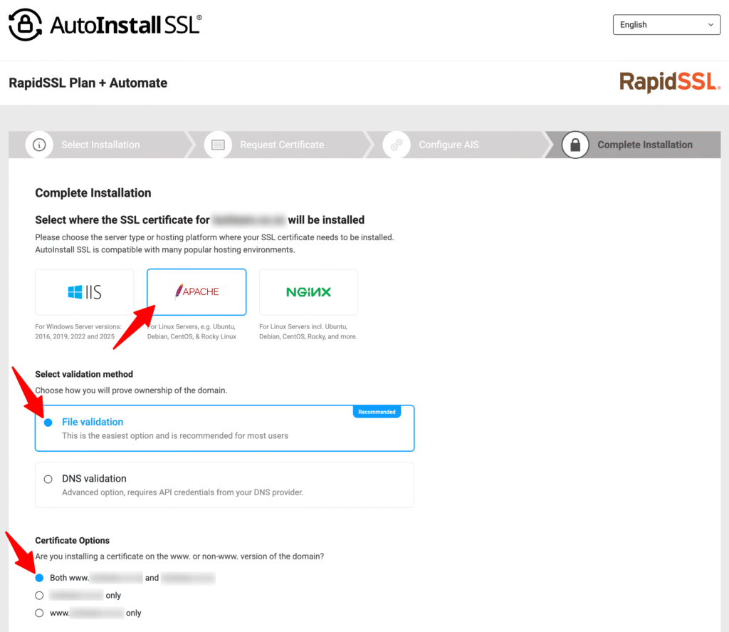 Complete Installation screen with server type, validation method and certificate options