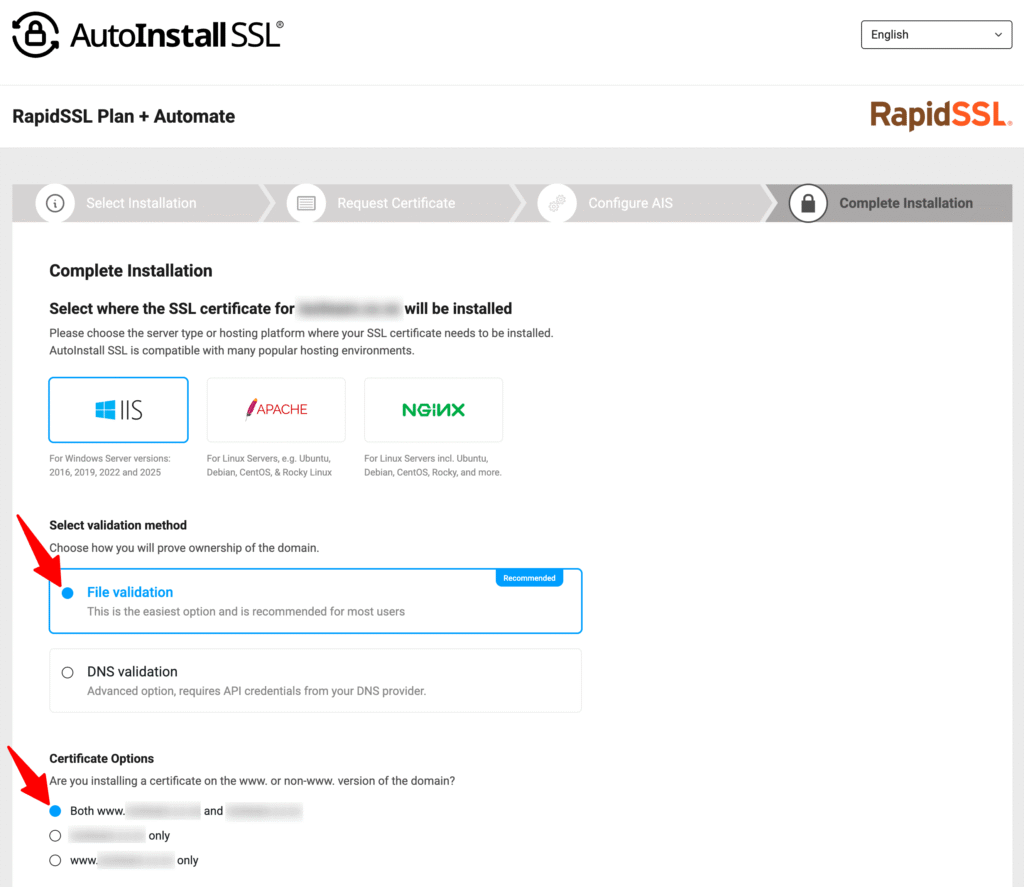 Complete Installation screen with server type, validation method and certificate options