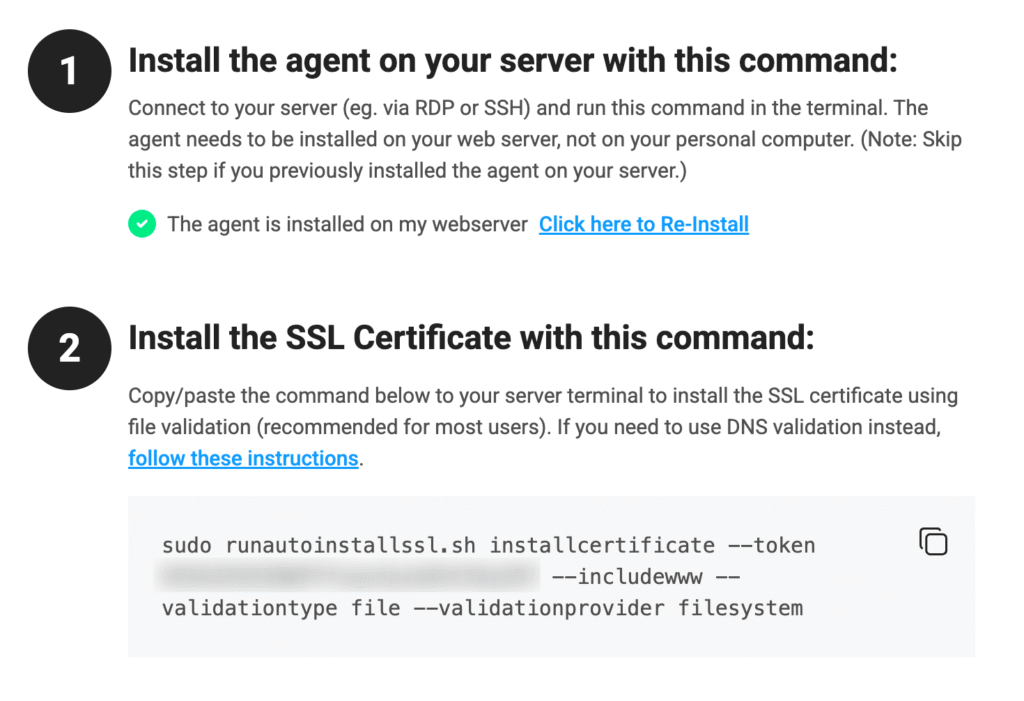 Installation instructions showing the AutoInstall SSL install certificate command for Windows