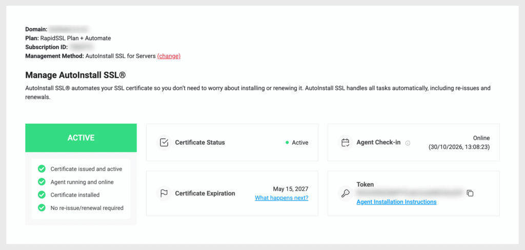 Manage AutoInstall SSL page showing ACTIVE status, agent online and certificate expiration